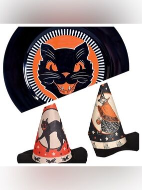 New Beistle Vintage Halloween Hats and Black Cat Platter
